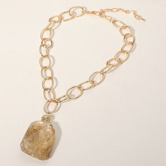 Faceted Stone Pendant Chunky Gold Dipped Link Chain Statement Necklace - Picture 4 of 5